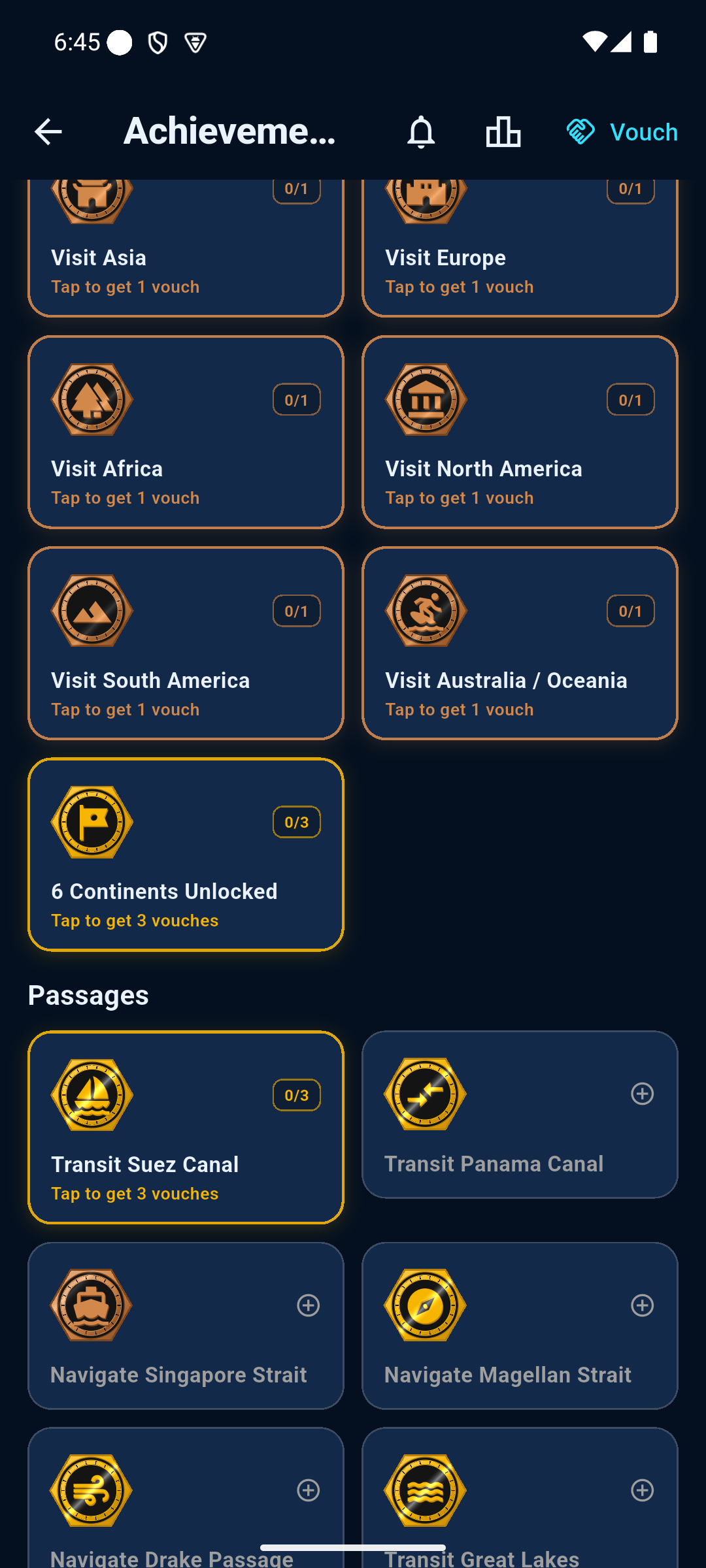 The in-app medal wall — hexagonal coins for continents visited and canals transited