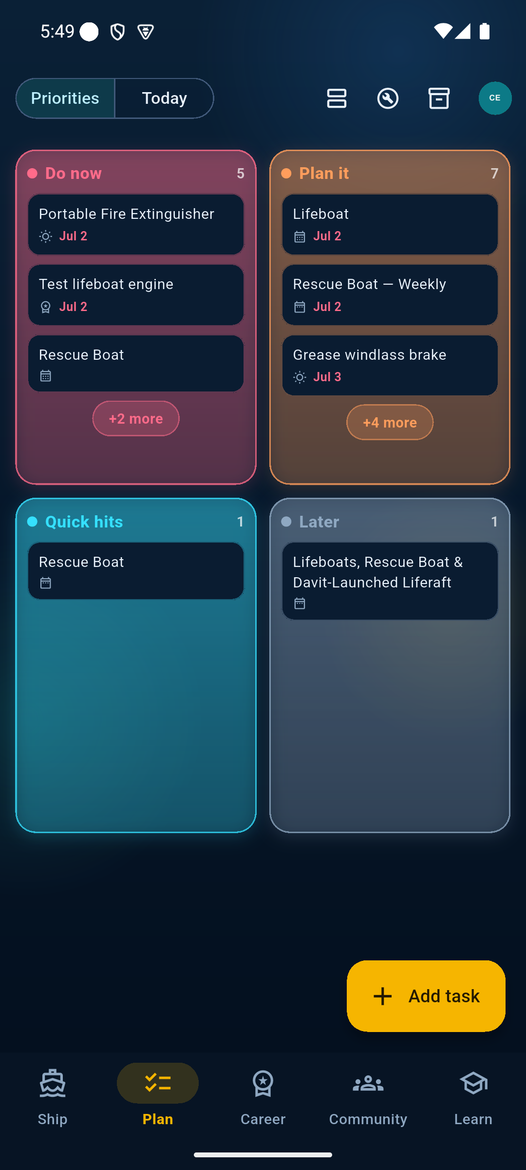 Plan board — auto-prioritised tasks with rest-hours compliance